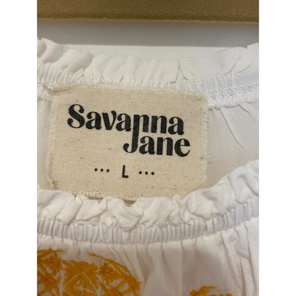 Savanna Jane L White Yellow Embroidered Peasant Blouse Bell Sleeve Top  Boho 099 - Picture 2 of 11